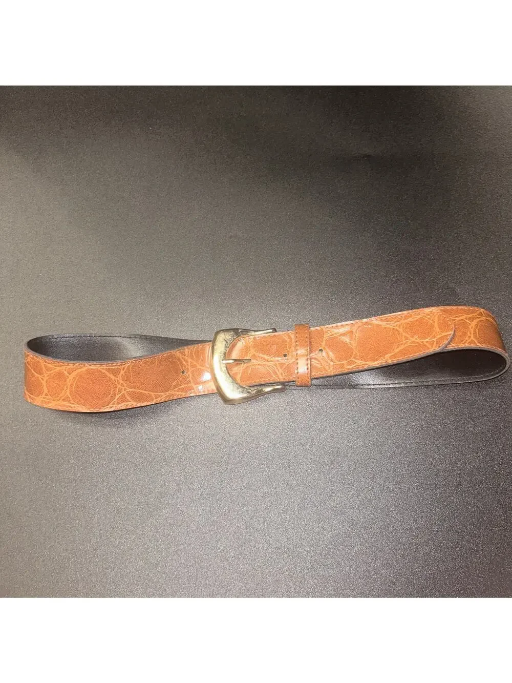 Brown Tan Faux Leather Textured Gold-Tone Hardware Adjustable Belt Womens Size 8